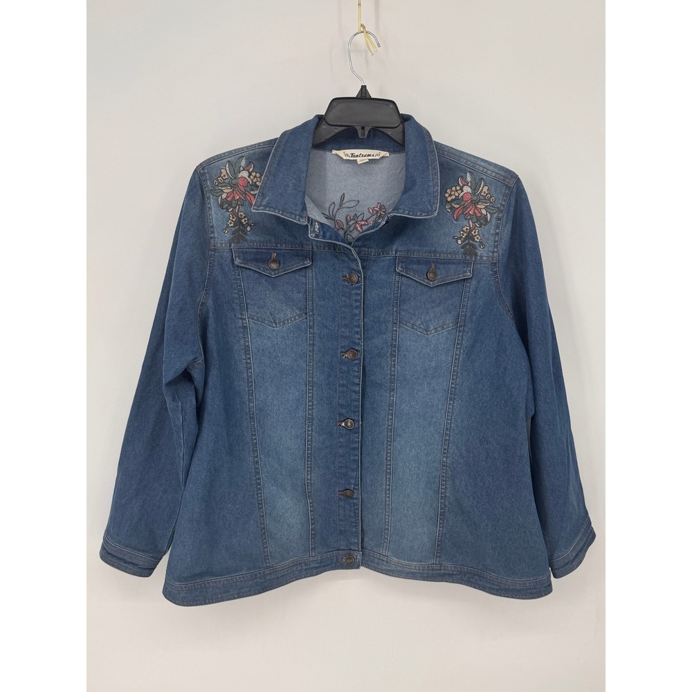 Tantrums Denim Jacket Womens XXL Blue EUC Embroidered Floral Boho Stretch